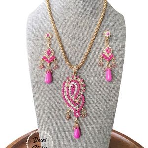 Indian Pink Stone Studded Pendant Necklace with Earrings